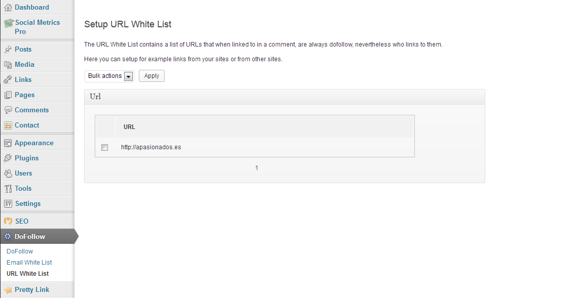 URL White List. Here you can edit the list of URLs that are allways dofollow.