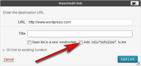 Insert link pop-up. Pop-up window for link insertion in a post or page where we added the option to make it nofollow.