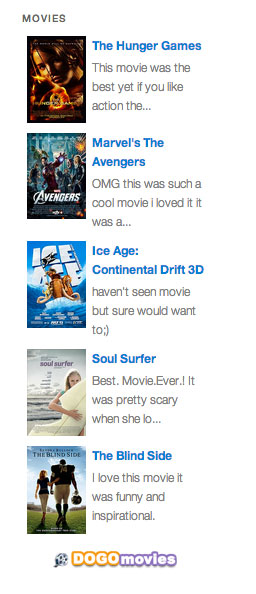 Movie reviews widget with horizontal layout, displaying descriptions summary.