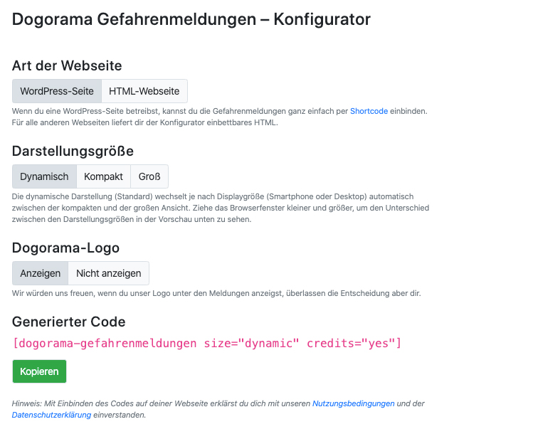 Konfigurator zum Generieren des Shortcodes