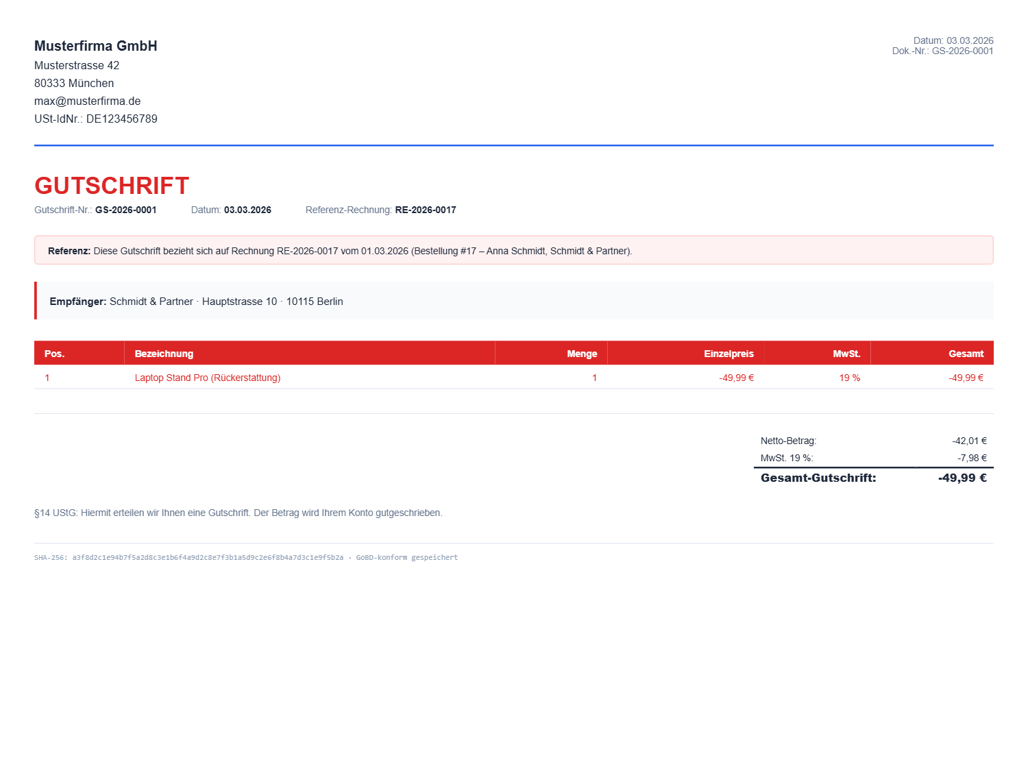 **Credit note PDF** – Professional German-market layout with negative amounts and invoice reference