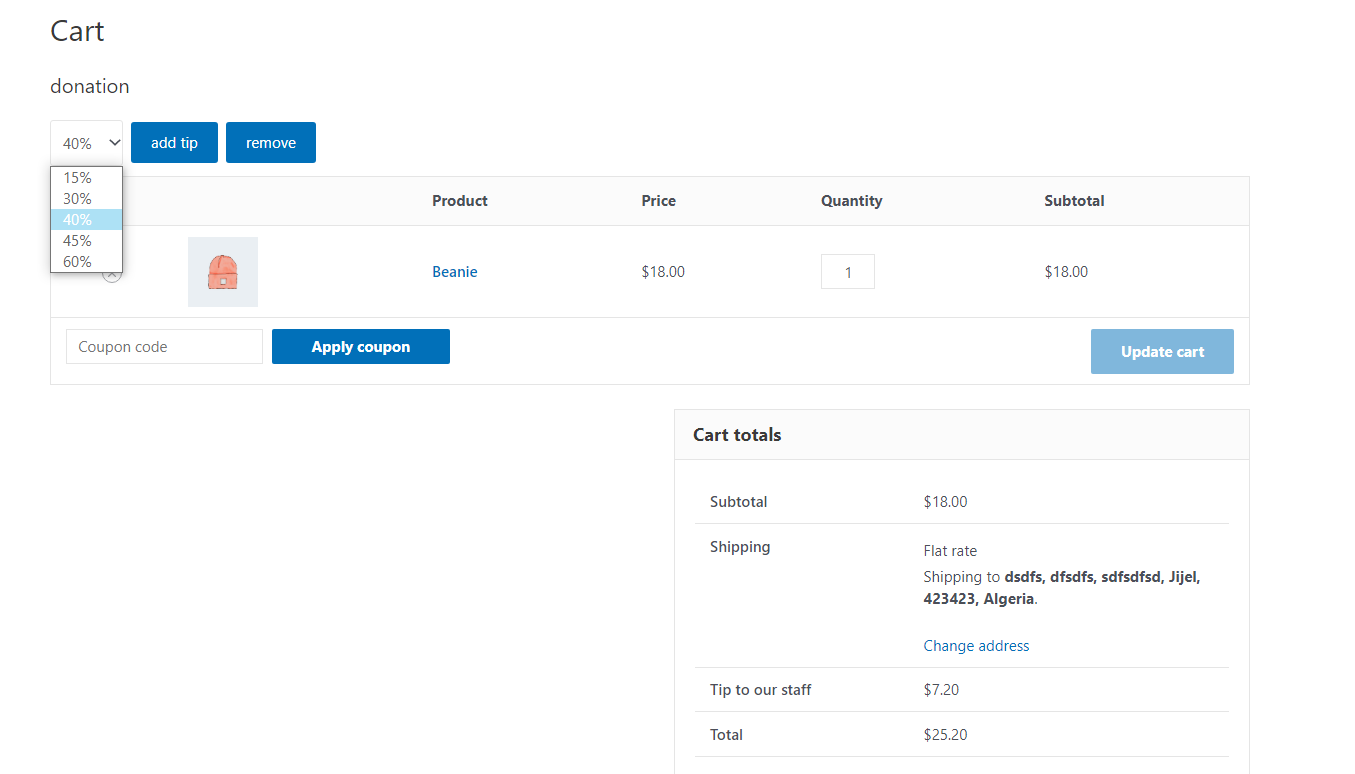 Donation amount shown in the order view table