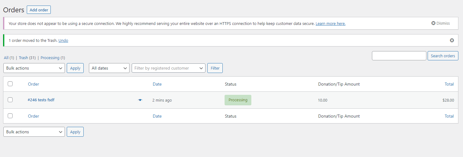 WooCommerce order admin view with donation line item