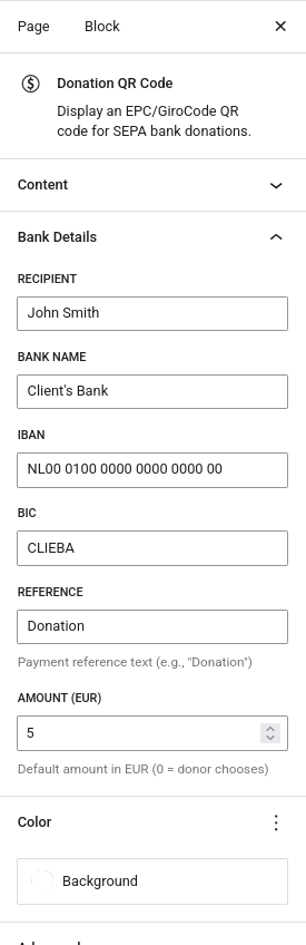 Block settings panel with bank details configuration