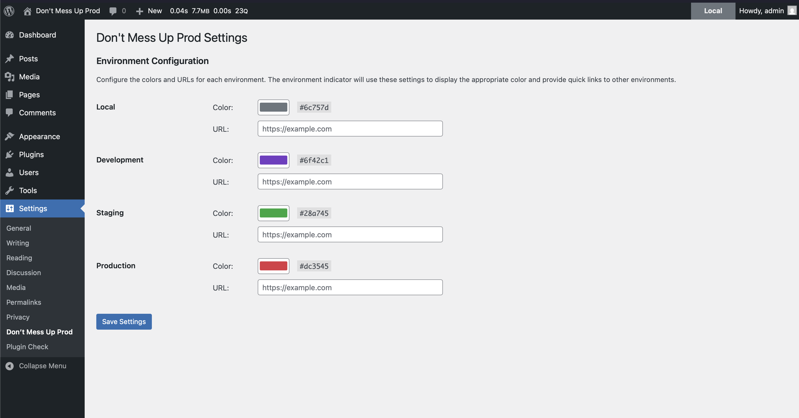 Admin settings screen