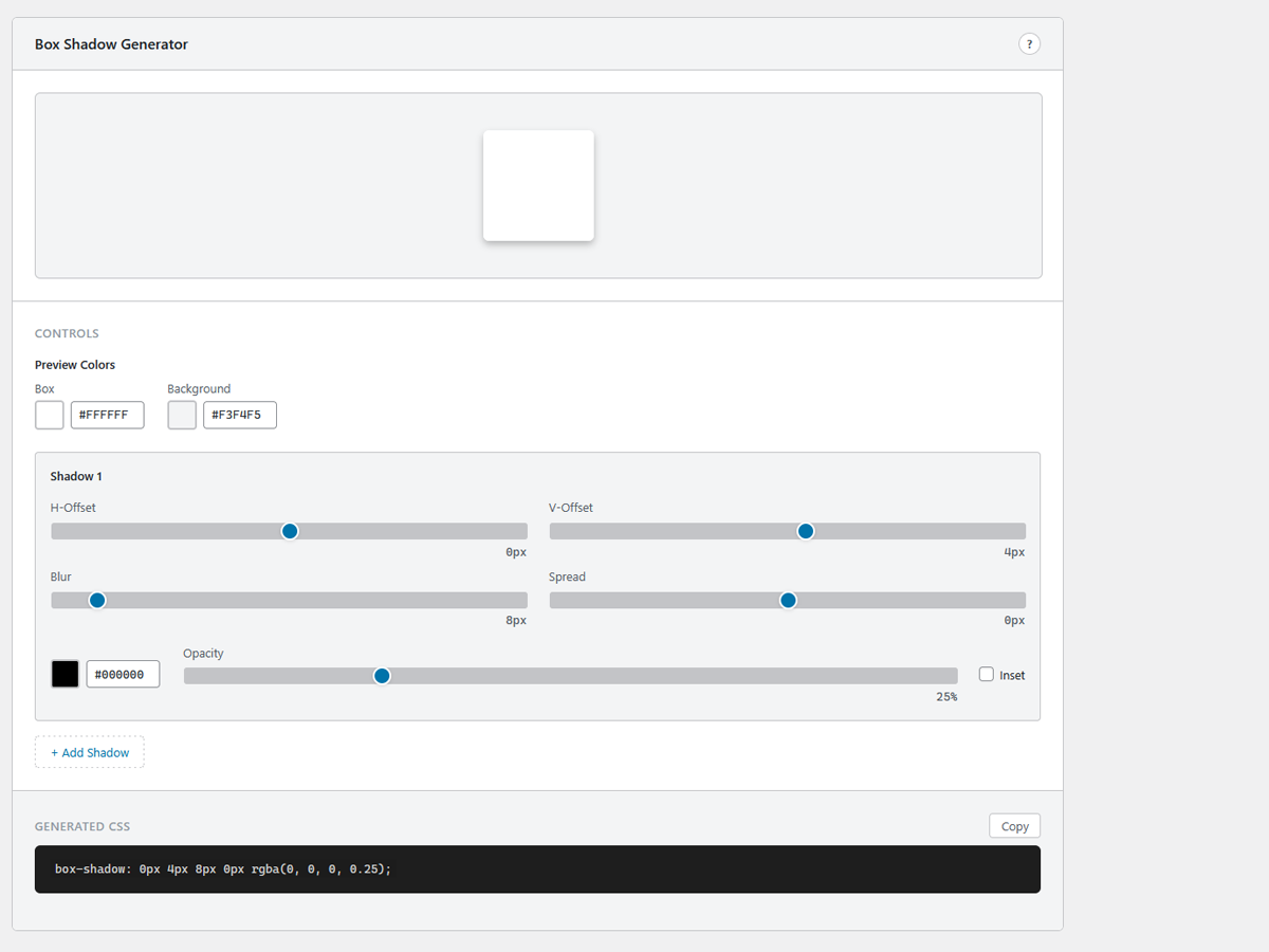 Box Shadow Generator with visual preview and layered shadow controls