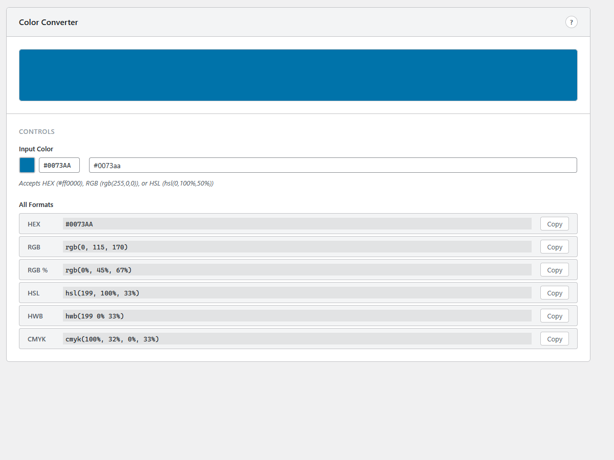 Color Converter with HEX, RGB, HSL, HWB, and CMYK output