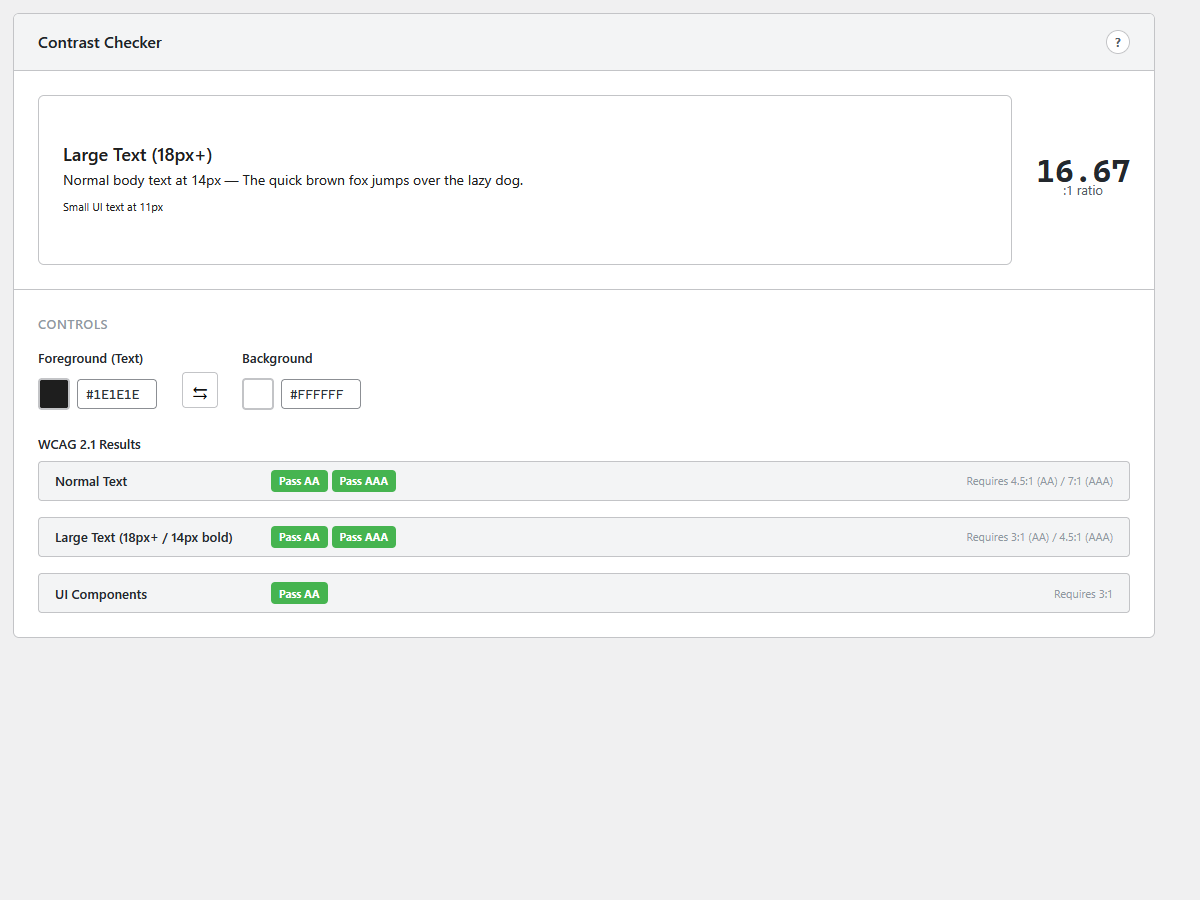 Contrast Checker with WCAG 2.1 AA/AAA compliance results