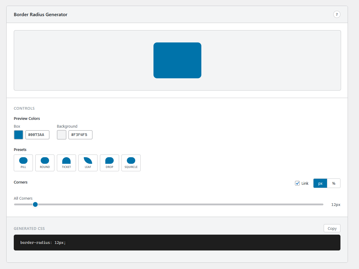 Border Radius Generator with shape presets and per-corner controls