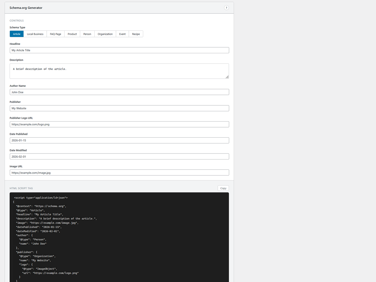 Schema.org Generator with Article structured data and JSON-LD output