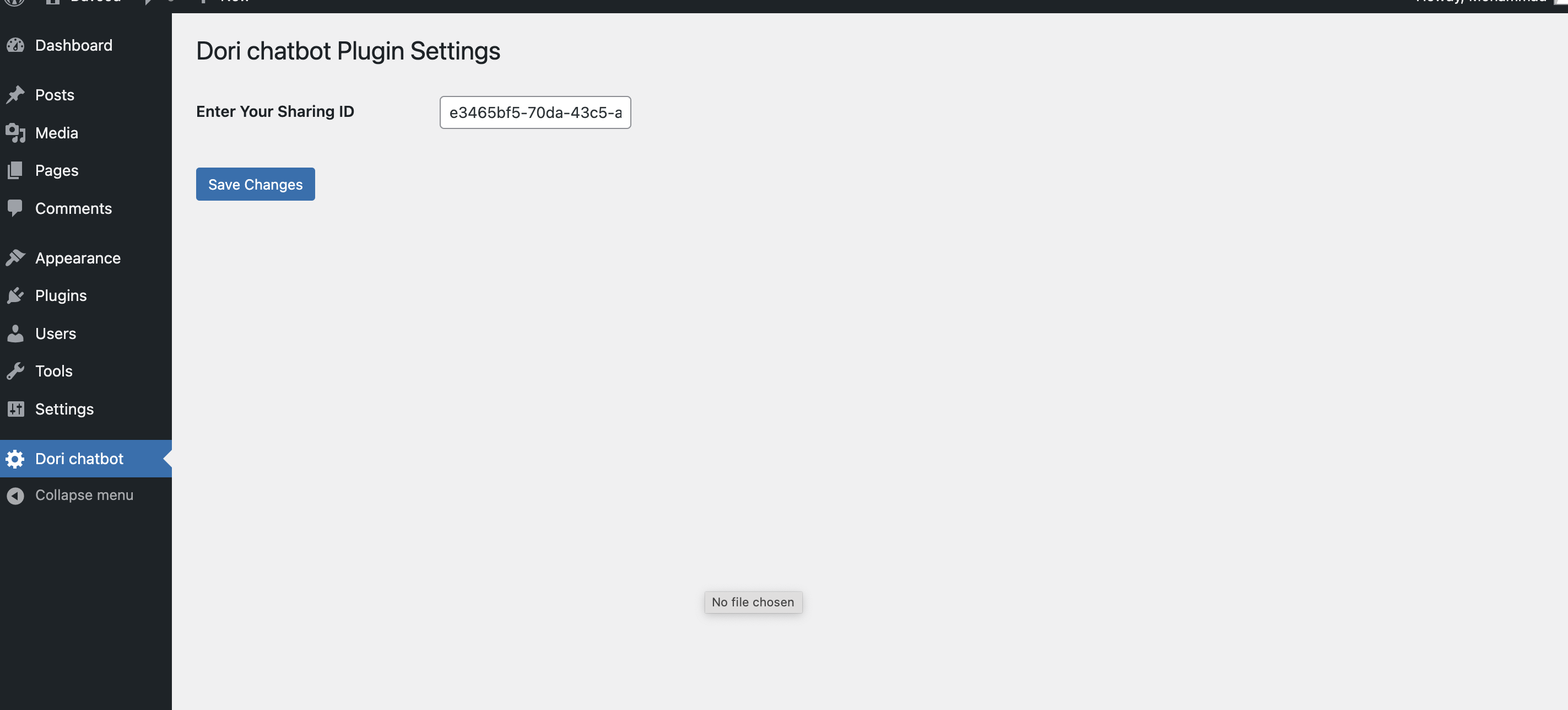 The Dori Chat Bot settings page in the WordPress admin dashboard.