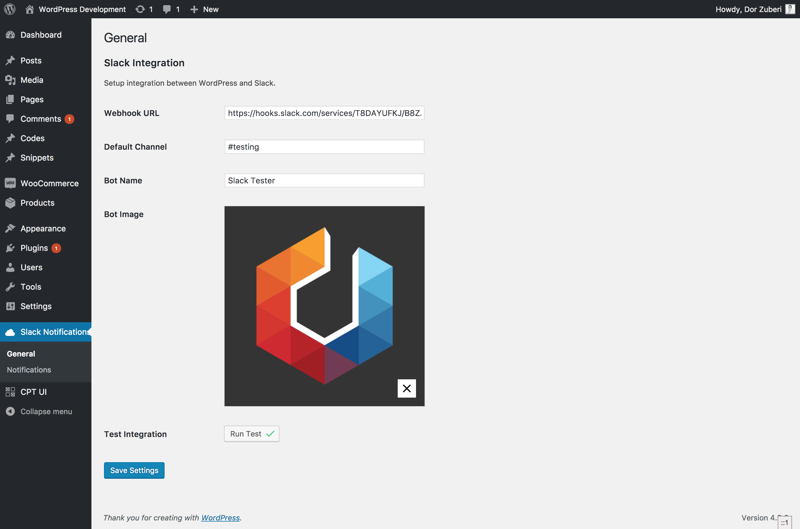 `Settings Screen` Configure Slack Integration settings, like WebHook url, desired channel, bot name and icon.