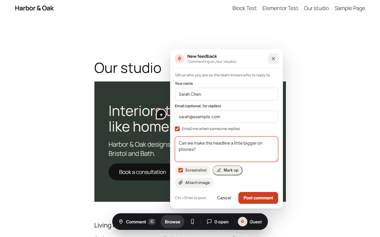 Leaving a comment: the pin, the comment box, the automatic screenshot and the markup tools.