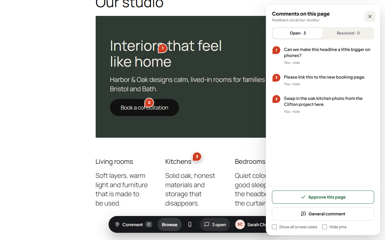 The comments panel with page approval.