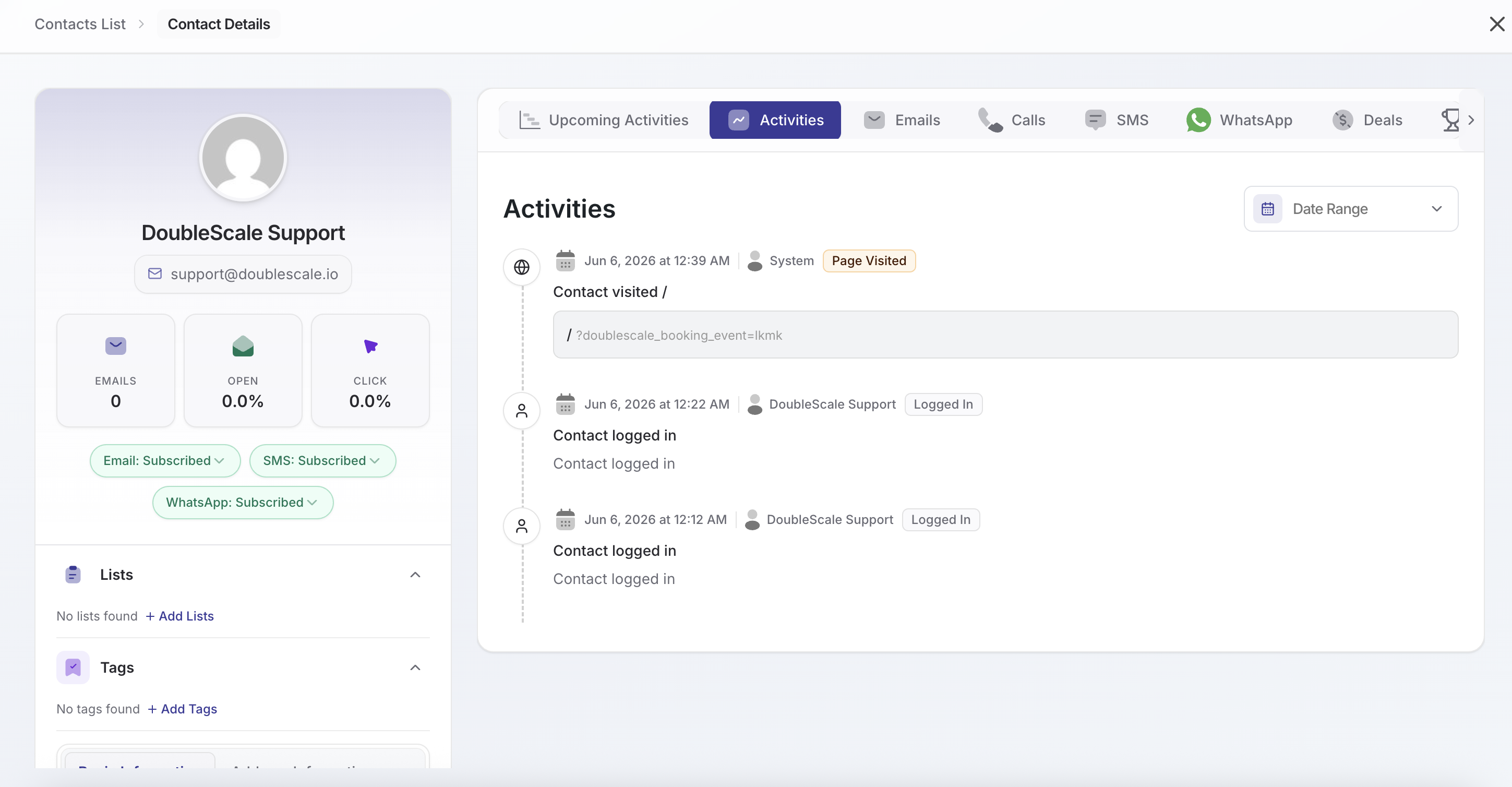 **Contact Details** — Full contact profile with activity timeline, channel subscriptions, lists, and tags.