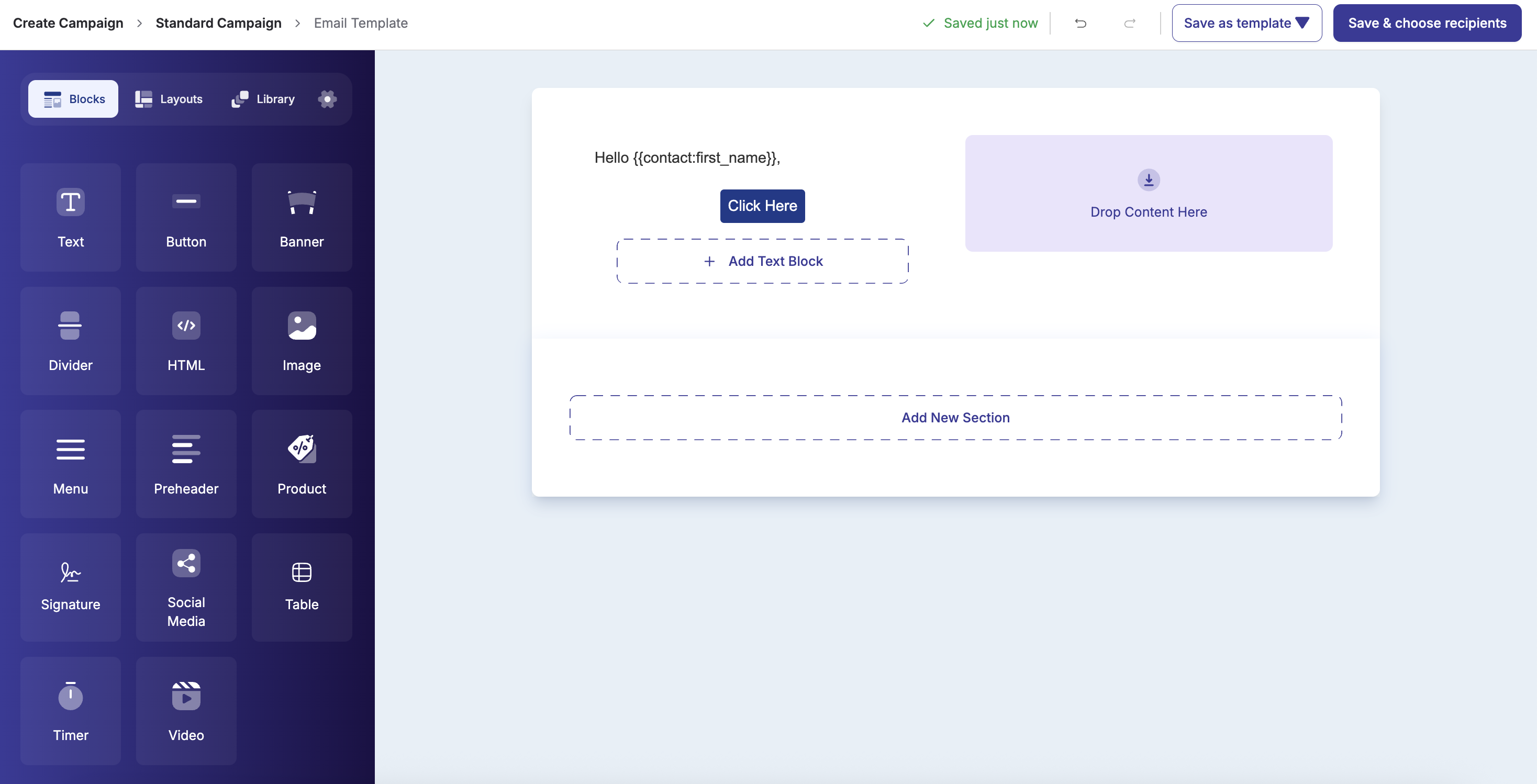 **Email Builder** — Drag-and-drop campaign editor with responsive blocks, merge tags, and template library.