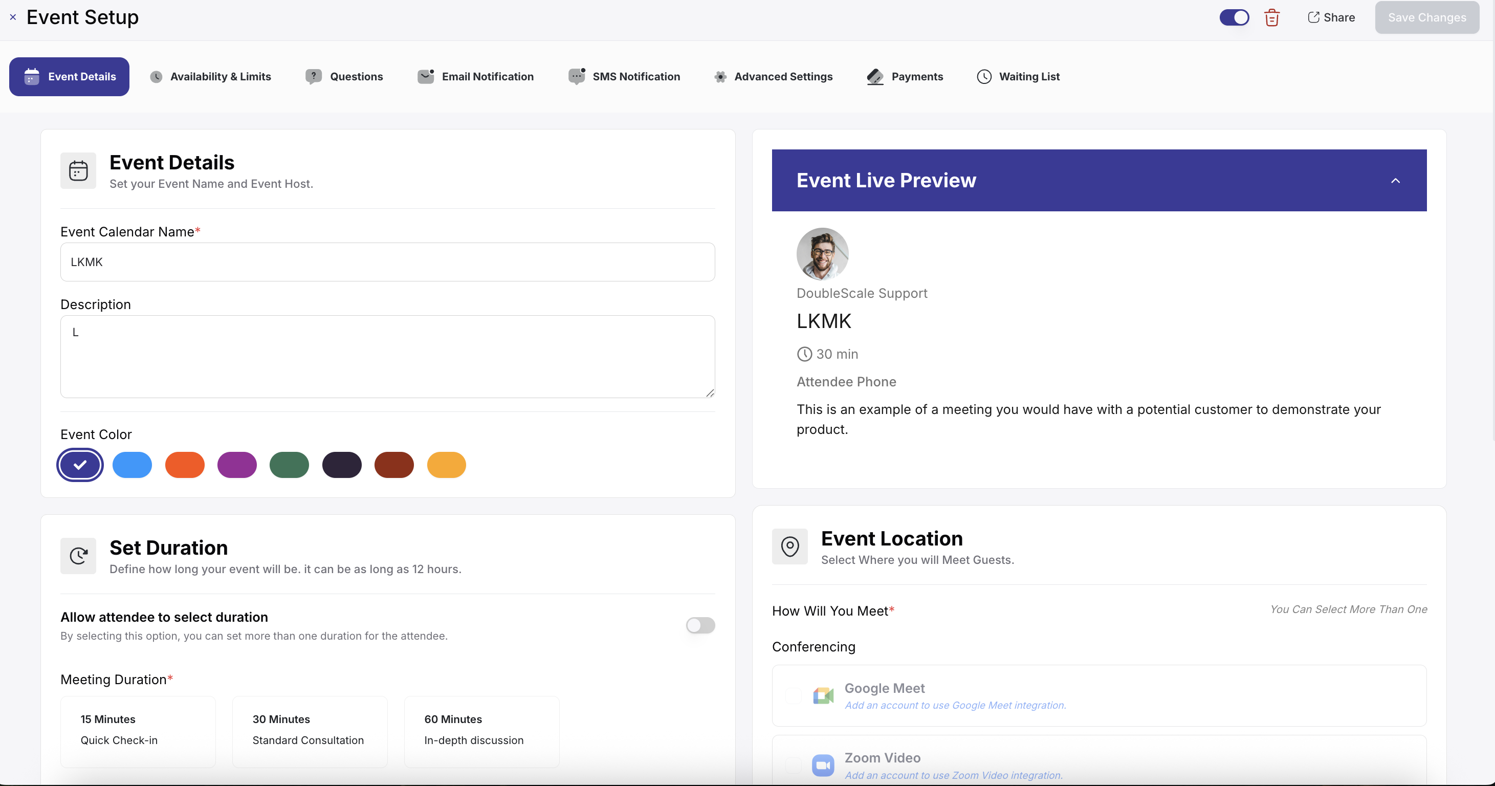 **Booking Event Setup** — Configure event details, duration, color, location, and live preview.