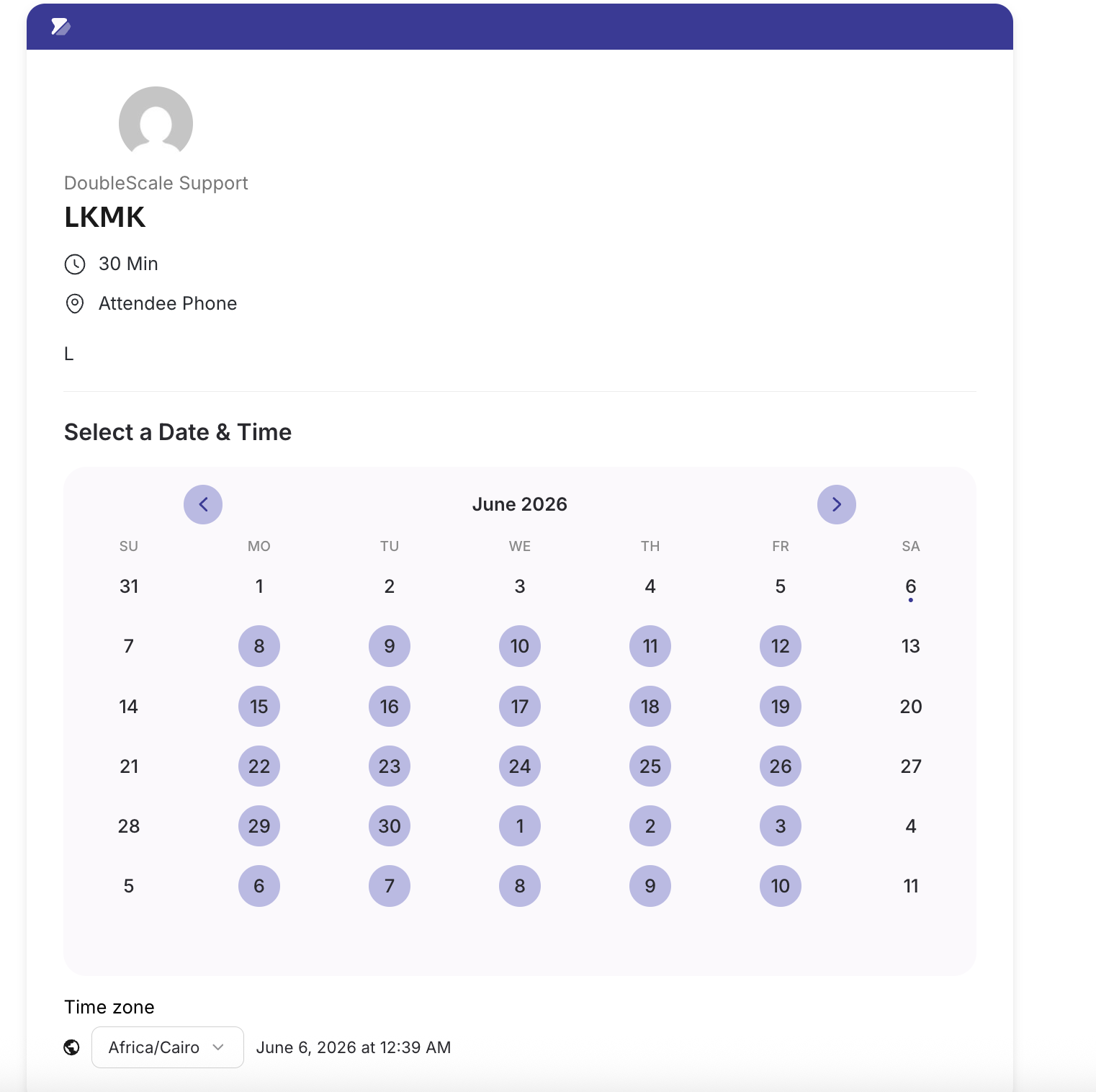 **Booking Calendar** — Frontend booking page with date/time picker and automatic time-zone detection.