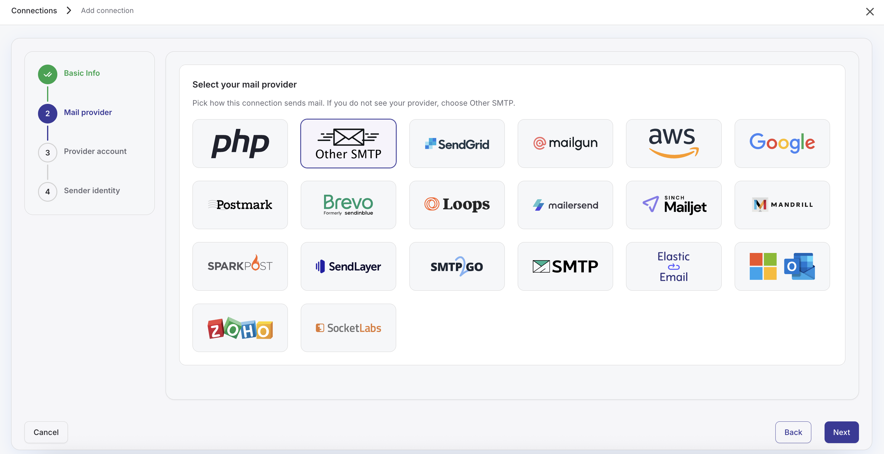 **SMTP Providers** — Choose from 20+ mail providers including SendGrid, Amazon SES, Gmail, Mailgun, and more.