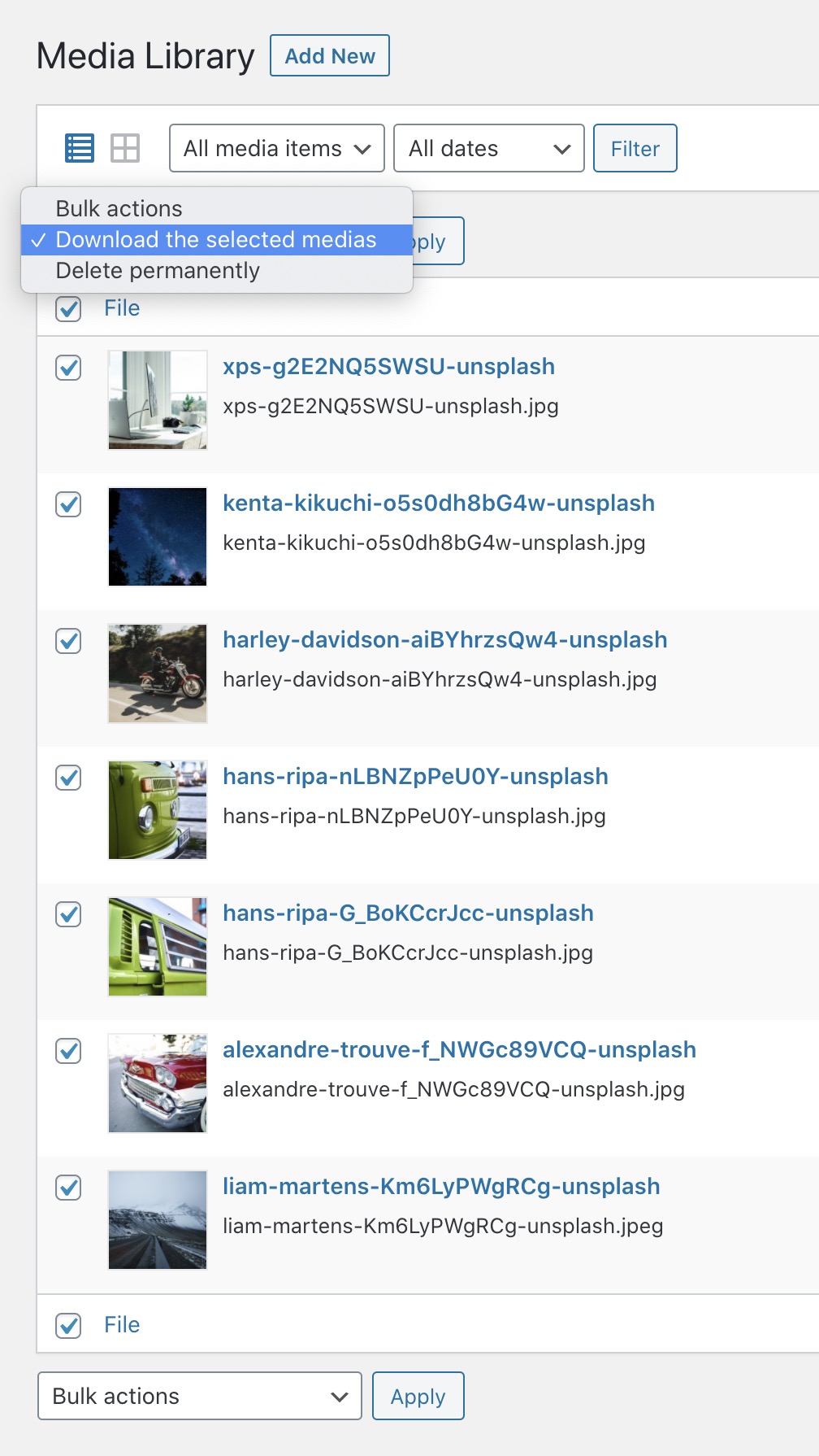 List view - Bulk download