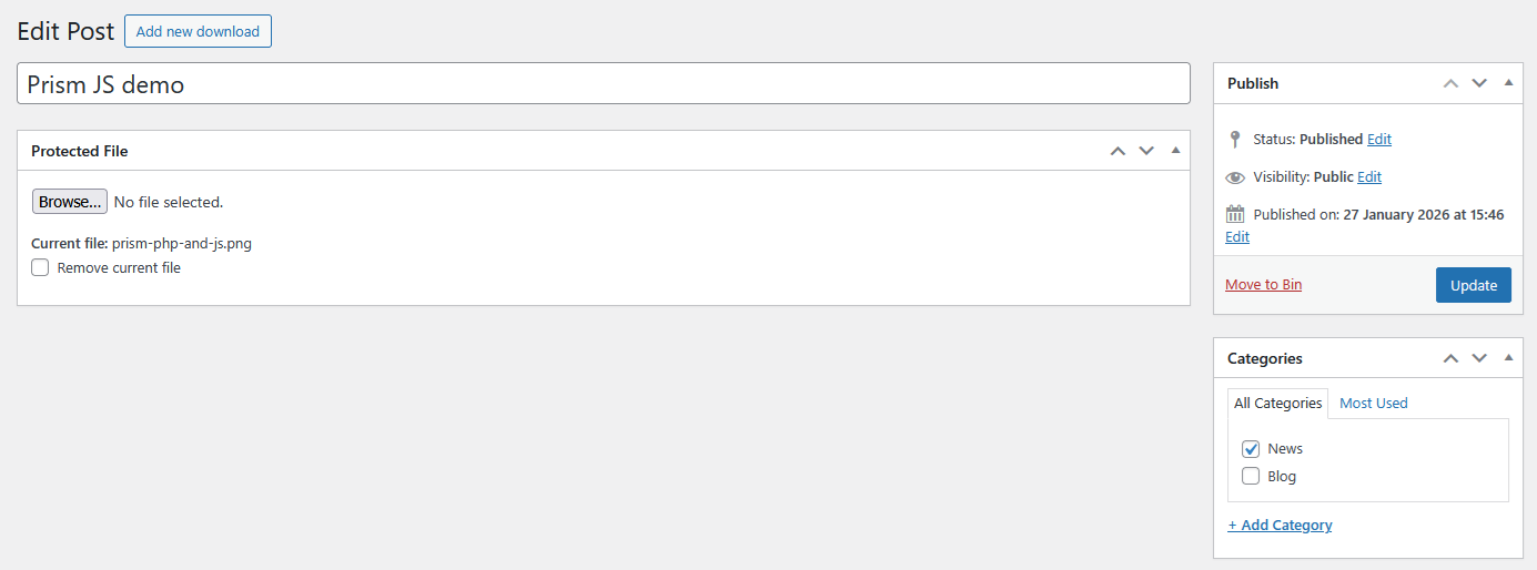 Edit a download to change the uploaded file and/or the download title.