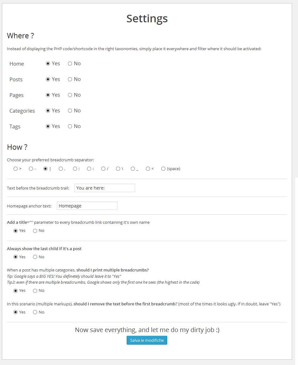 Screenshot of the settings page