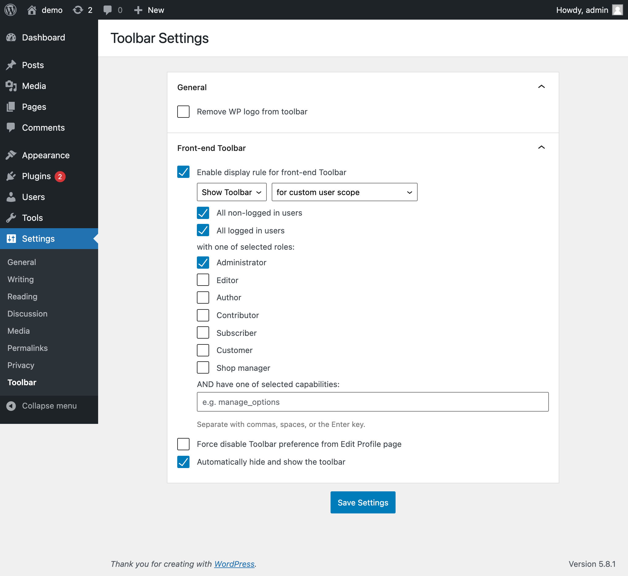 The toolbar settings