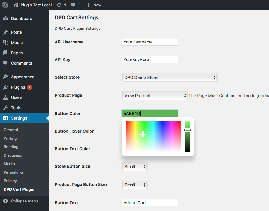 Options panel lets you configure what DPD store to use, display options, and what page(s) to use for your shop and product pages.