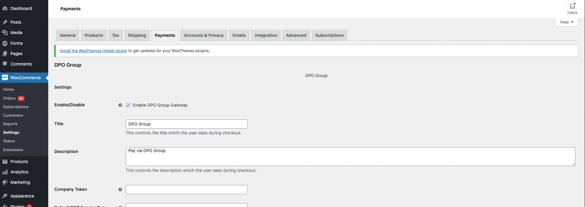 WooCommerce Admin DPO Pay Primary Settings