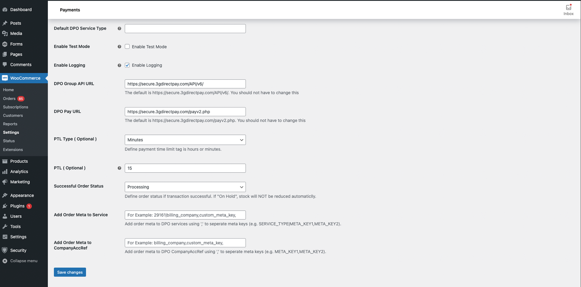 WooCommerce Admin DPO Pay Additional Settings