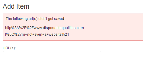 The error message for adding invalid URLs