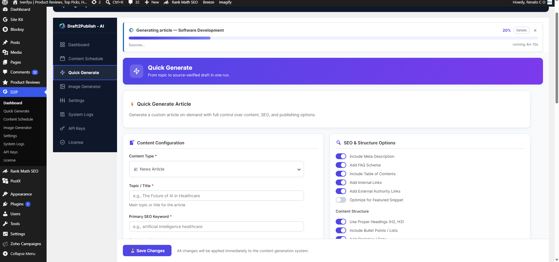 API Keys - connect and test your Gemini key, with optional Pro provider connections shown separately