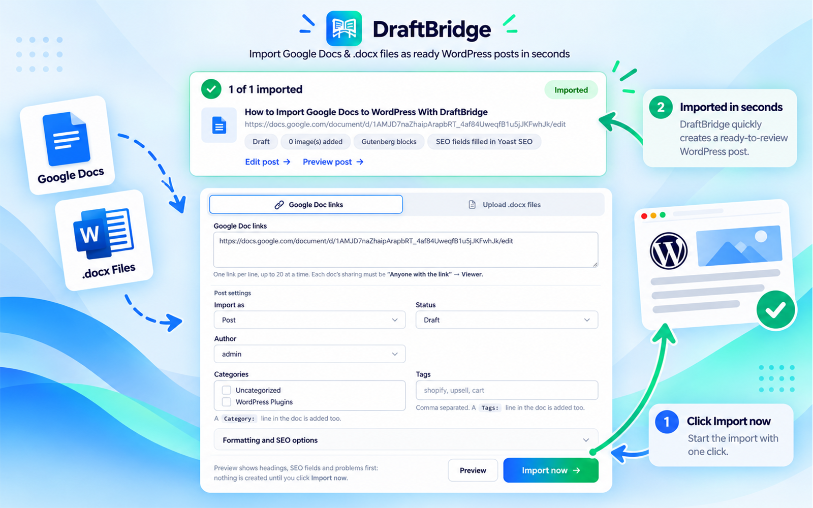 Import results with links to edit or view each new post.