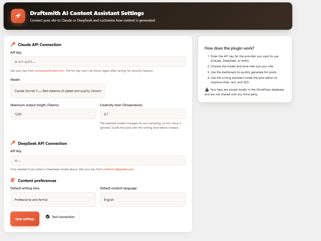 Settings: pick a Claude or DeepSeek model, and set the writing tone, language, and output length.