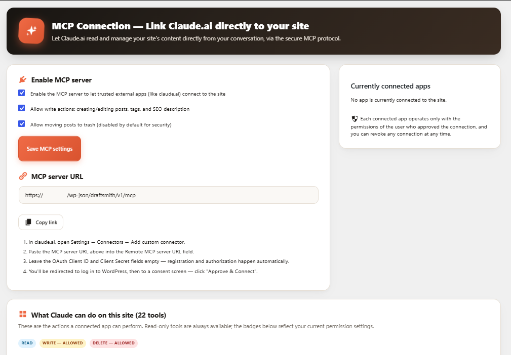 The MCP Connection screen: enable the connector, review the tool catalogue, and revoke connected apps at any time.