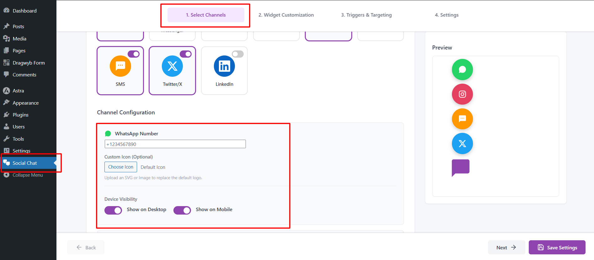 Configure individual chat widget channel settings.