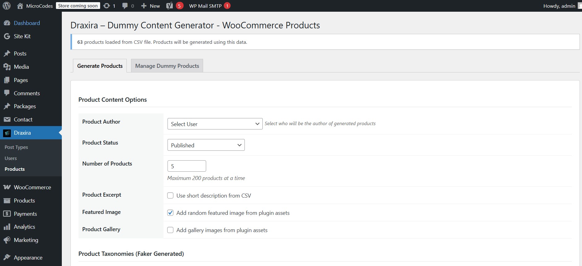 **WooCommerce Products Generation Interface** - Generate woocommerce products with author, product meta, taxonomy and custom fields.
