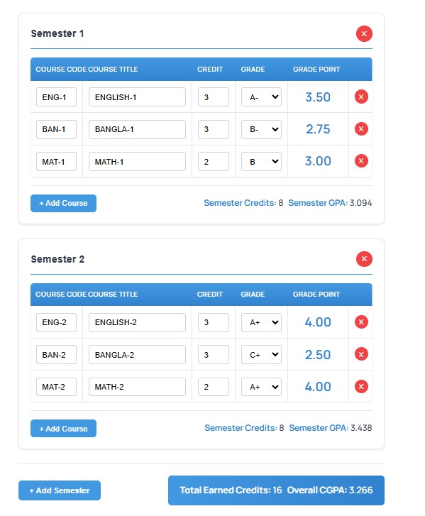 Real-time GPA and CGPA calculations