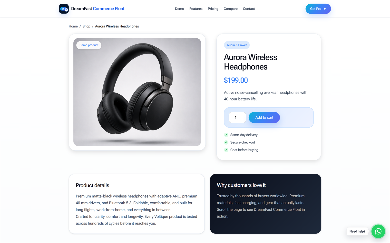 Floating contact button on a WooCommerce product page with the optional help tooltip.