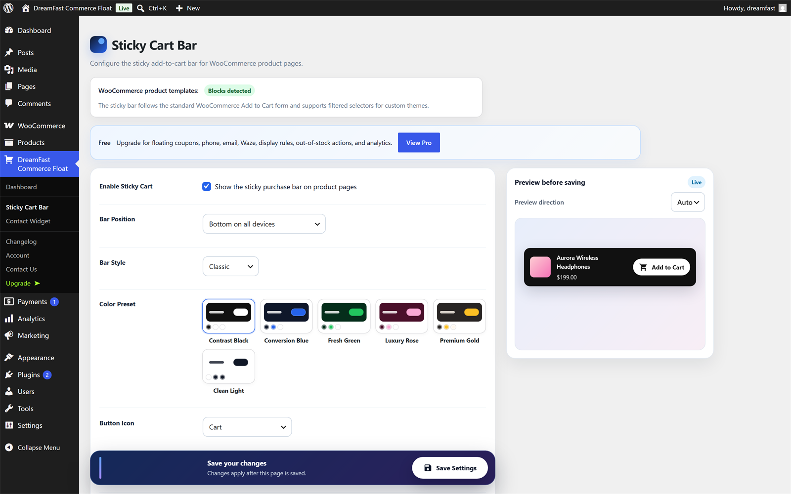 Sticky Cart Bar admin settings with the live preview.