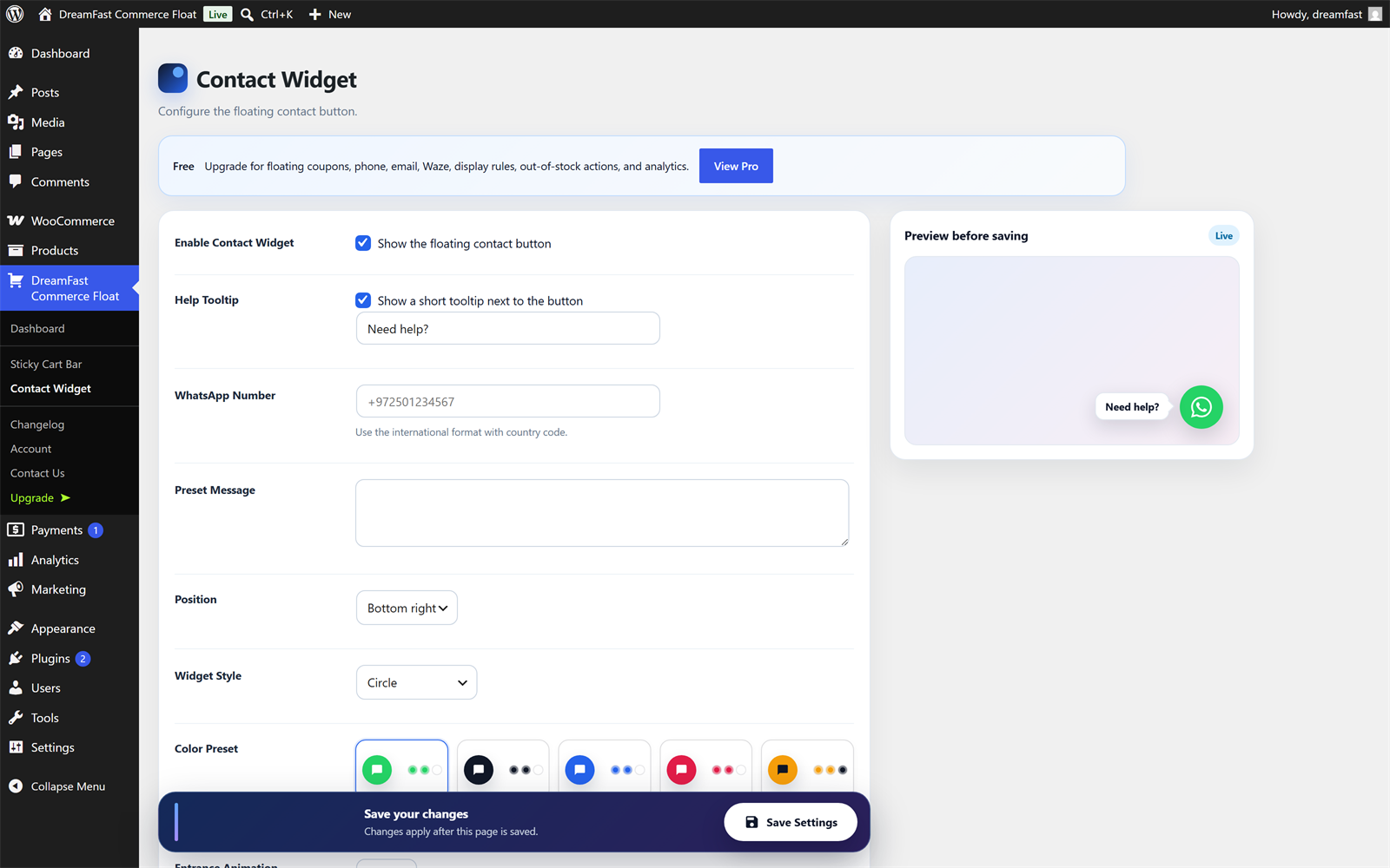 Contact Widget admin settings with the live preview.