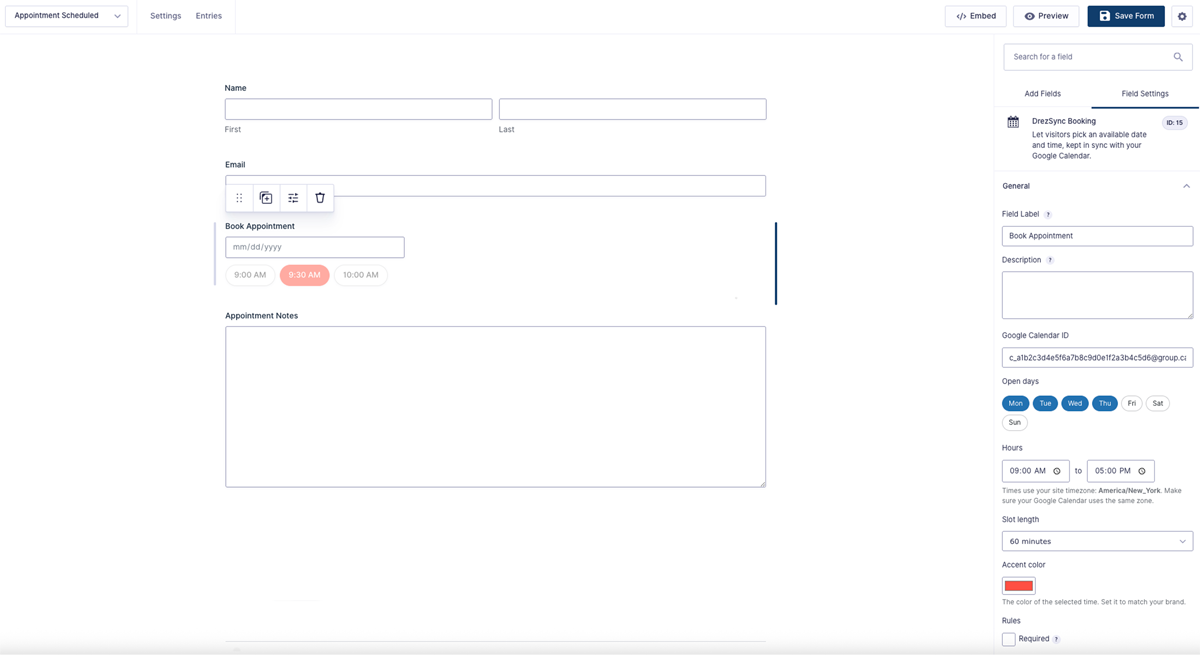 Add booking to any form with one field. Set your open days, hours, slot length, and calendar.