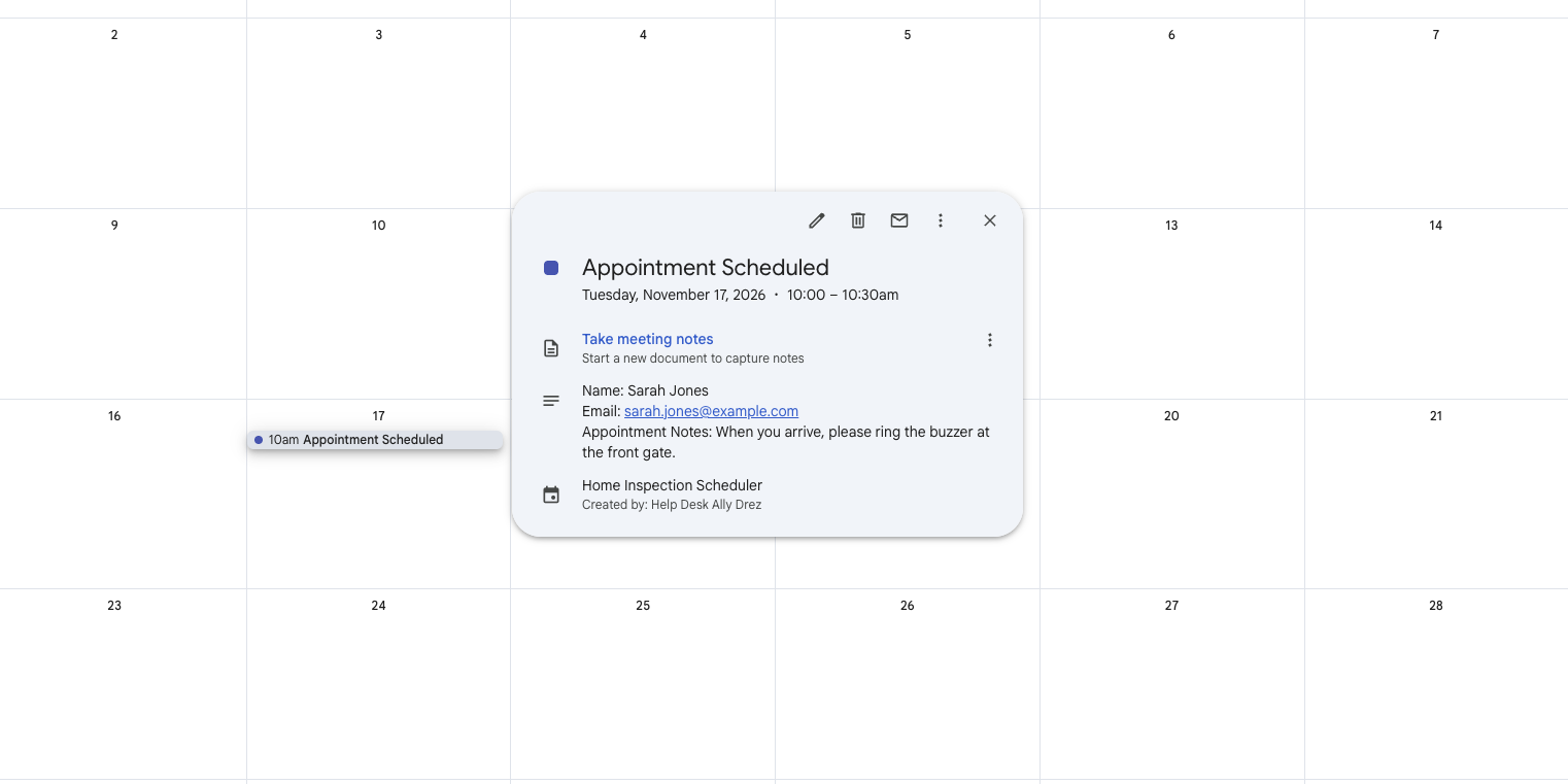 Every booking lands on your Google Calendar, and booked times are blocked automatically.