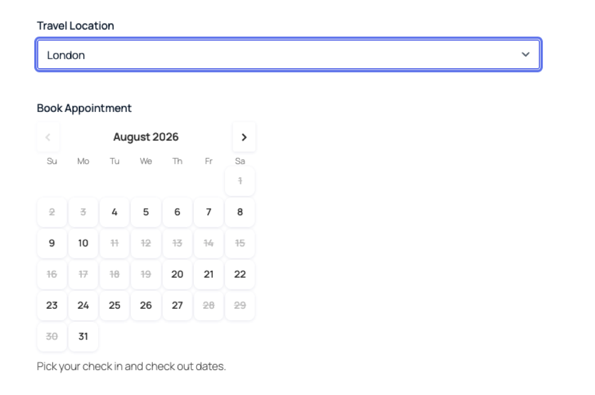 The calendar greys out dates with no availability, so customers only ever choose a day that is open.