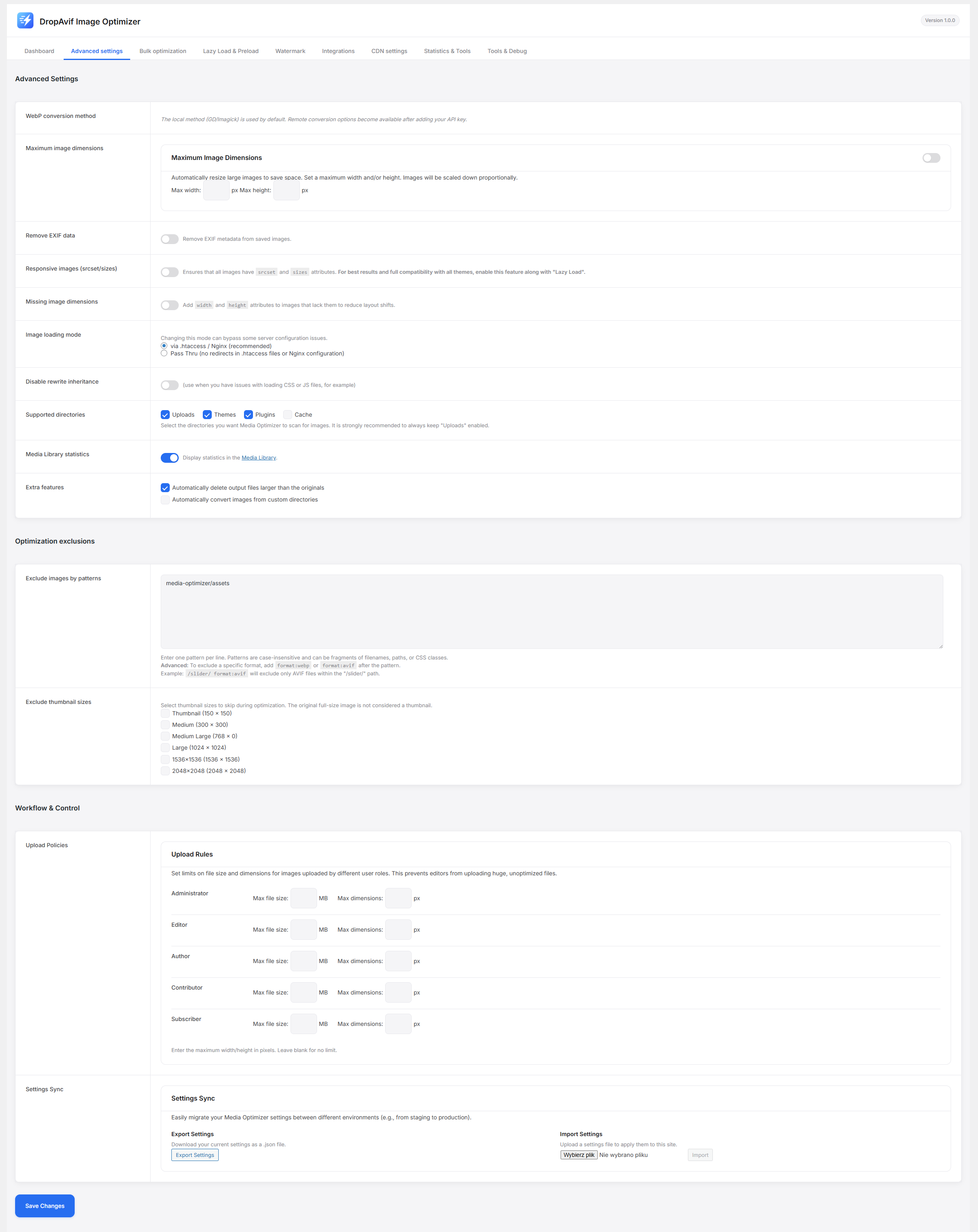 **Advanced Settings:** Granular control over conversion methods, exclusions, and server settings.