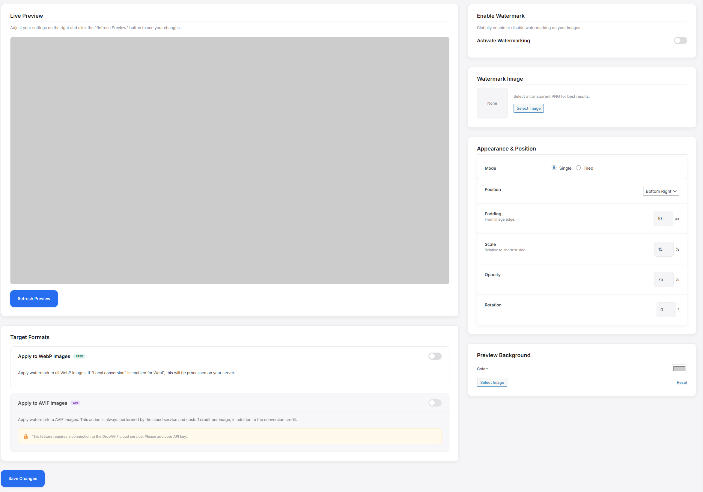 **Watermark Settings:** Live preview tool for configuring watermark position, opacity, and tiling.