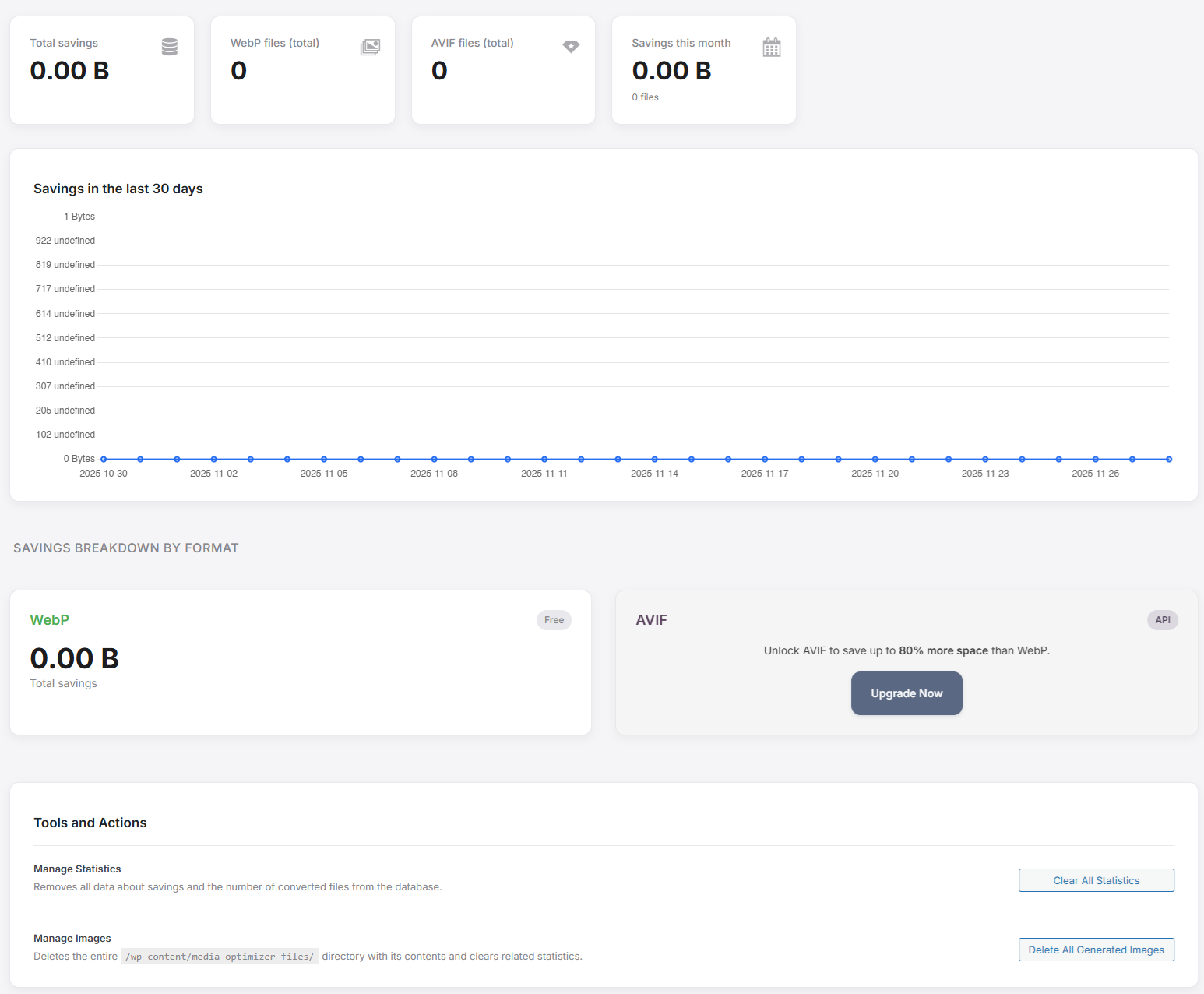 **Media Library:** Custom column showing optimization status, savings percentage, and comparison tools.