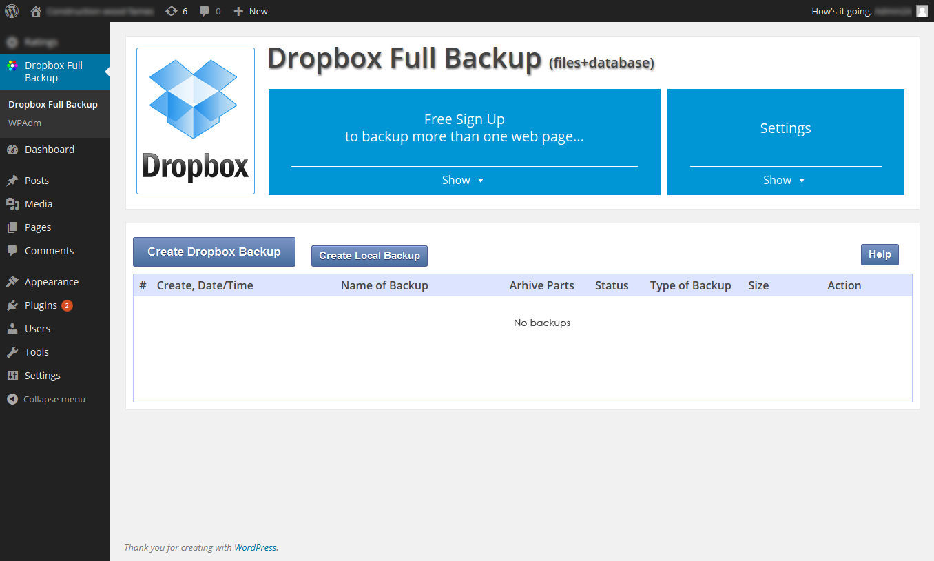 **Main window of Dropbox Full Backup plugin.** Dropbox Backup and Restore plugin window after installation and activation.