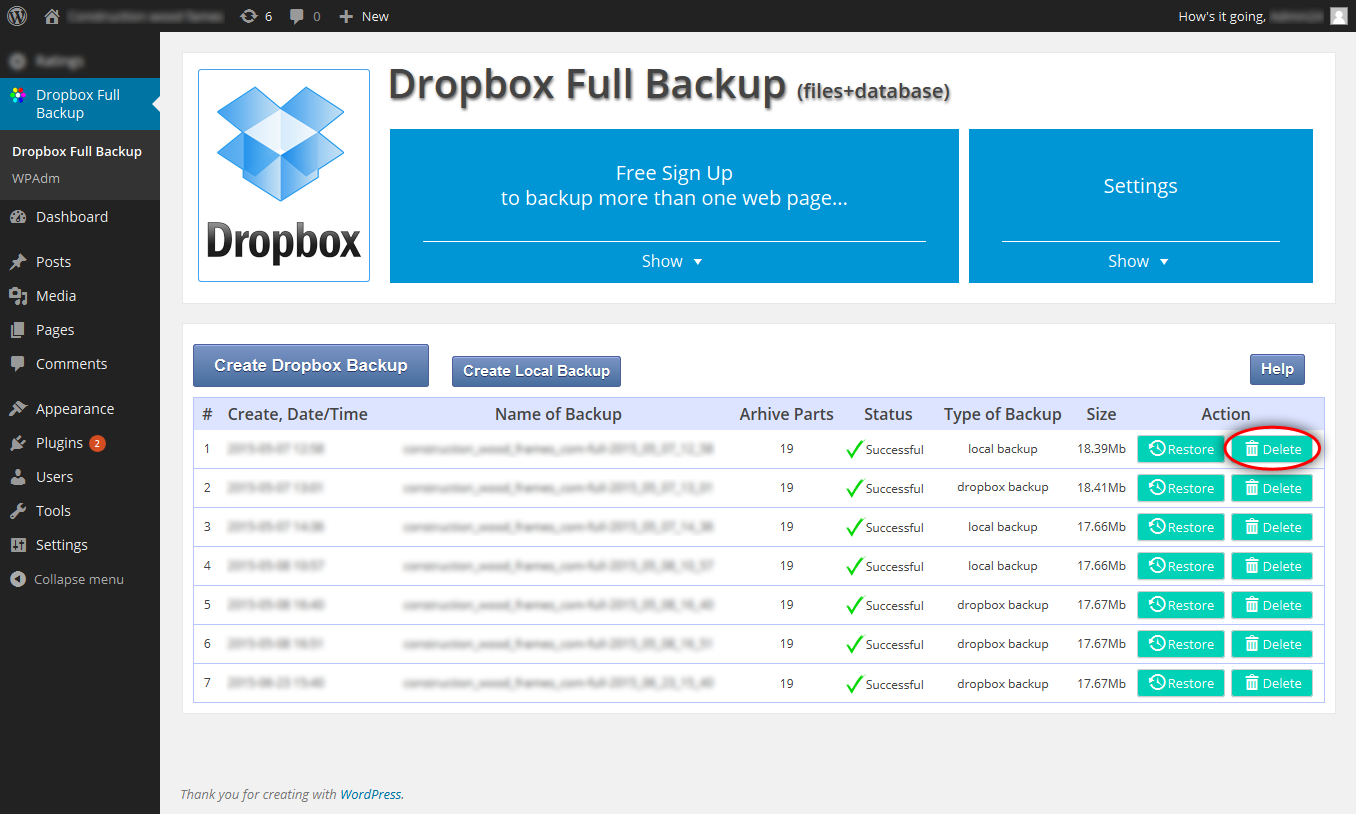To open the main window of the plug-in, click on the item "**Dropbox Full Backup**" in main menu of your WordPress installation. WordPress menu in admin area.