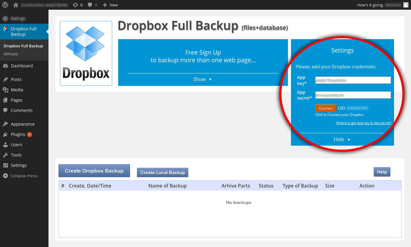 **Don't forget** to click on **"Connect"** button to get the dropbox plugin connected with your dropbox account.